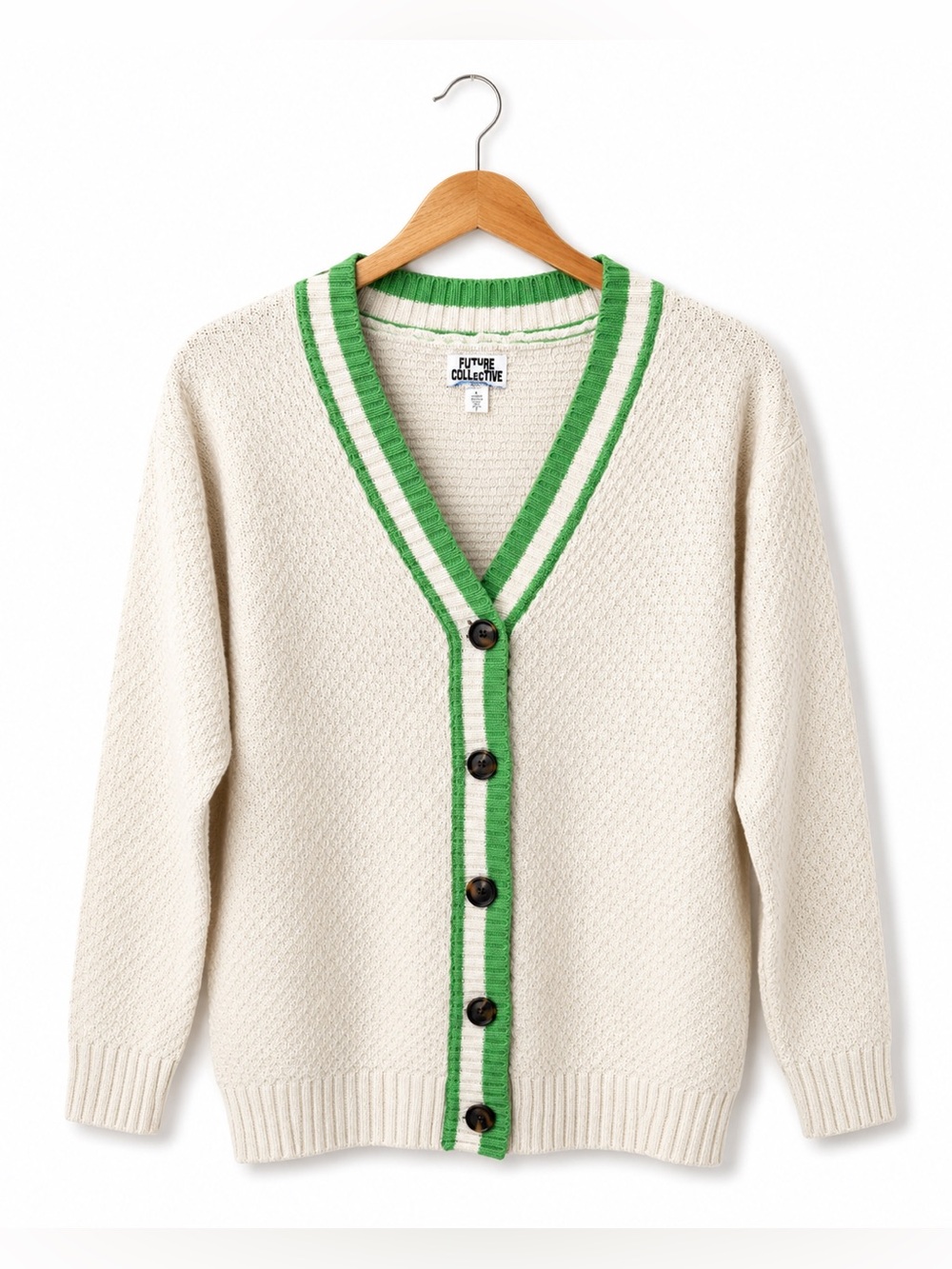 Future Collective Cream Green Trim Varsity Cardigan Preppy Grandmillennial XXS